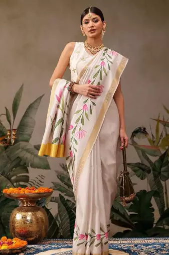 Onam special floral printed kasavu silk saree