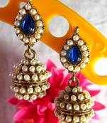 Dark blue leaf pearl jhumki earring