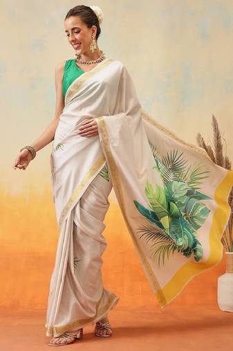 off white ready wear saree with floral zari kasavu work
