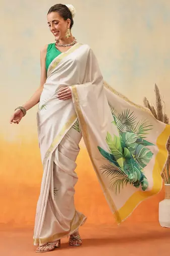 Floral printed zari ready to wear kasavu saree