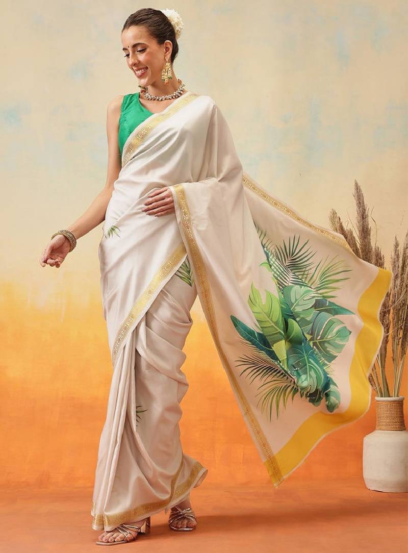 Floral printed zari ready to wear kasavu saree