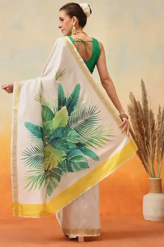 Floral printed zari ready to wear kasavu saree