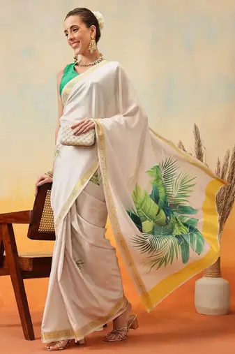 Floral printed zari ready to wear kasavu saree