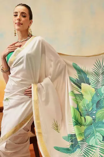 Floral printed zari ready to wear kasavu saree
