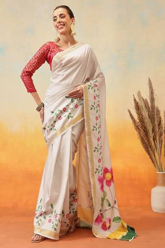 off white art silk floral kasavu saree with zari work