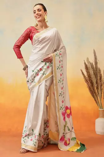 Floral zari art silk ready to wear kasavu saree
