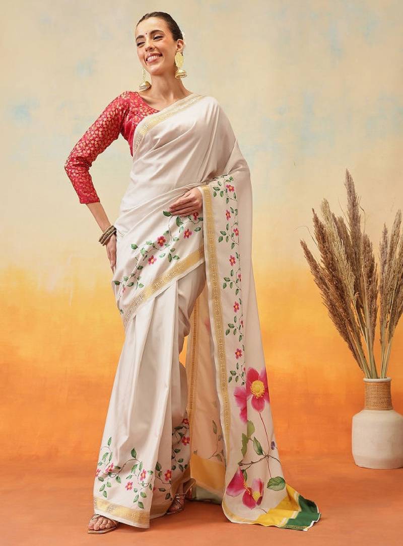 Floral zari art silk ready to wear kasavu saree