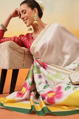 Floral zari art silk ready to wear kasavu saree
