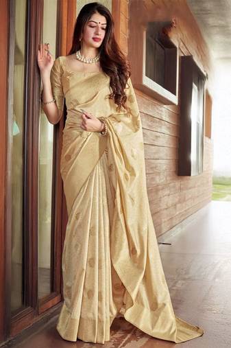 cream saree with woven zari kanjeevaram work
