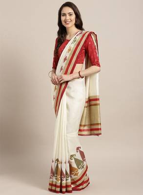 Off-white & maroon solid kasavu saree 1
