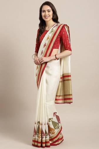 off white maroon kasavu saree with solid design