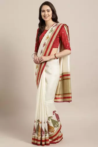 off white maroon kasavu saree with solid design