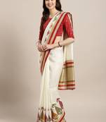 Off-white & maroon solid kasavu saree