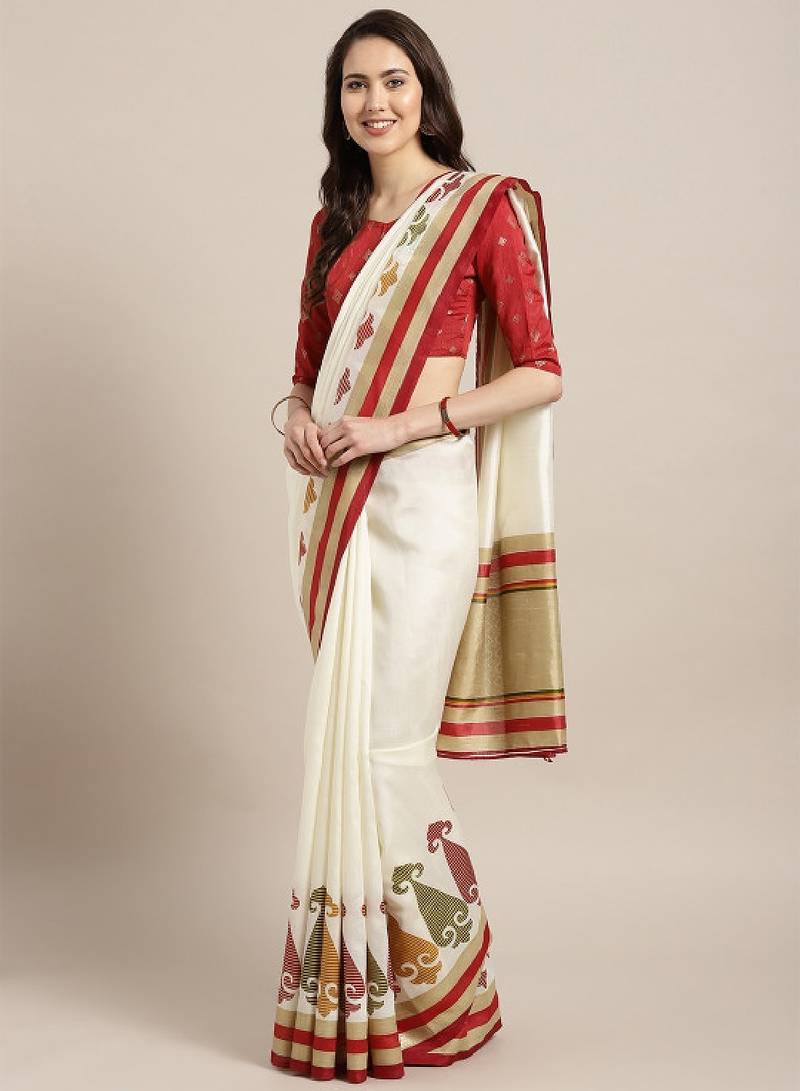 Off-white & maroon solid kasavu saree