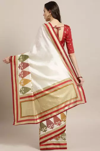 off white maroon kasavu saree with solid design