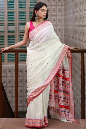 white pure cotton saree with geometric print work