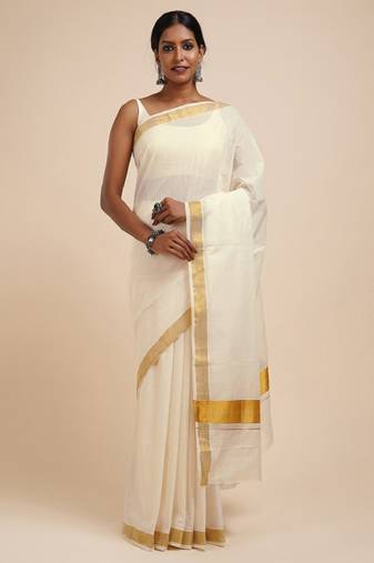 white cotton kasavu saree with zari work