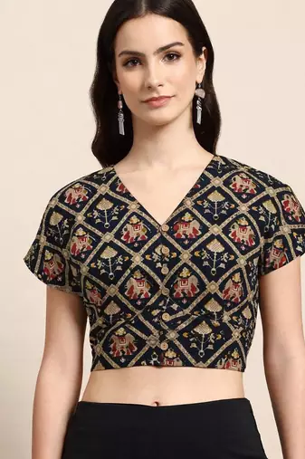 Black cotton sanganeri printed non padded blouse