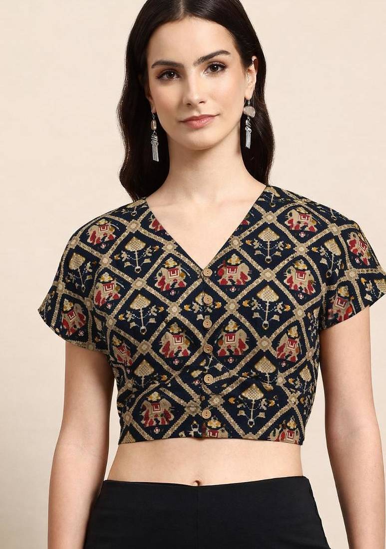 Black cotton sanganeri printed non padded blouse