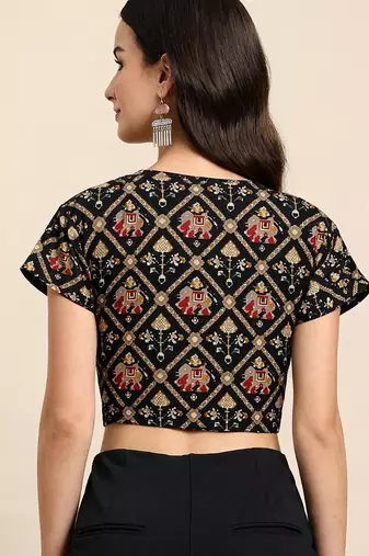 Black cotton sanganeri printed non padded blouse