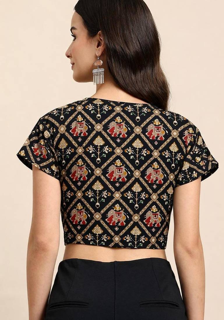 Black cotton sanganeri printed non padded blouse