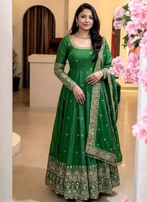  green georgette embroidered anarkali suit with dupatta and pant 1