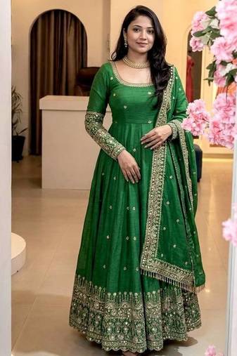  green georgette embroidered anarkali suit with dupatta and pant