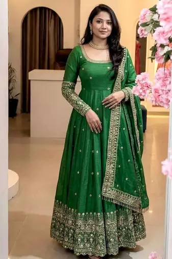  green georgette embroidered anarkali suit with dupatta and pant
