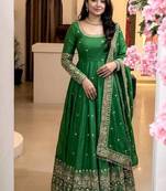  green georgette embroidered anarkali suit with dupatta and pant