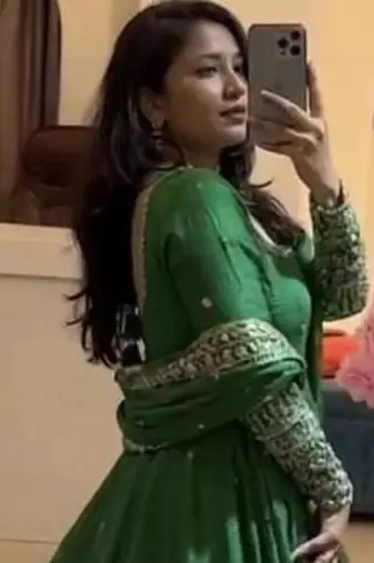  green georgette embroidered anarkali suit with dupatta and pant