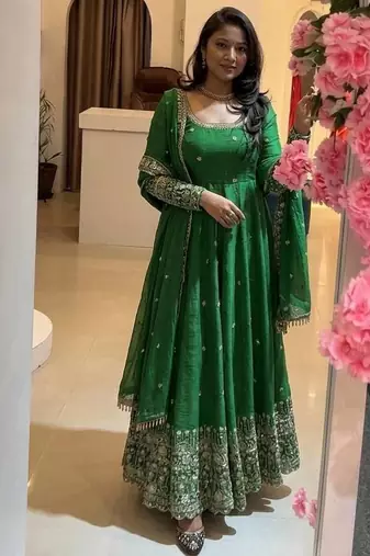  green georgette embroidered anarkali suit with dupatta and pant