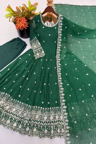  green georgette embroidered anarkali suit with dupatta and pant