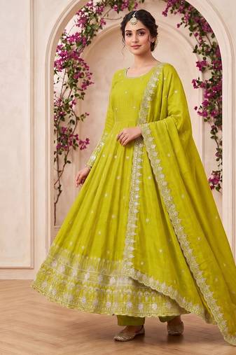  lime green georgette embroidered anarkali suit with dupatta and pant