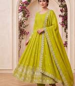  lime green georgette embroidered anarkali suit with dupatta and pant