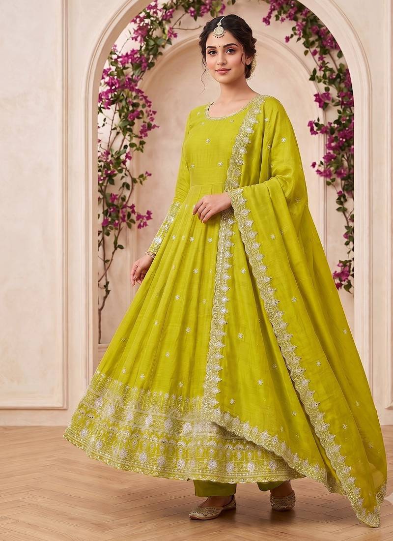  lime green georgette embroidered anarkali suit with dupatta and pant