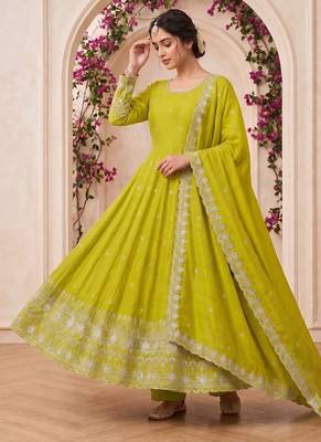  lime green georgette embroidered anarkali suit with dupatta and pant 2