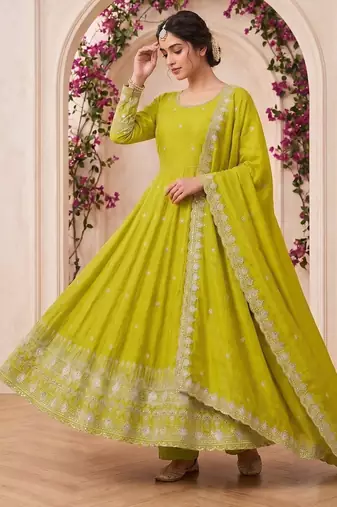  lime green georgette embroidered anarkali suit with dupatta and pant