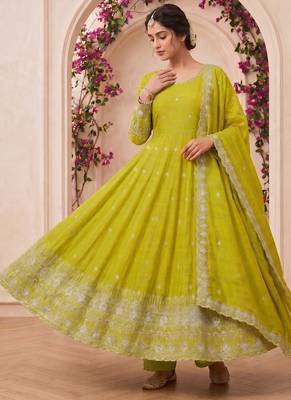  lime green georgette embroidered anarkali suit with dupatta and pant 3
