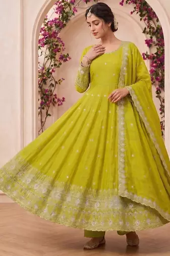  lime green georgette embroidered anarkali suit with dupatta and pant