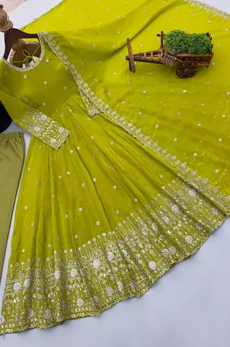  lime green georgette embroidered anarkali suit with dupatta and pant