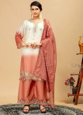 Women's latest wine orange embroidered palazzo suit 1