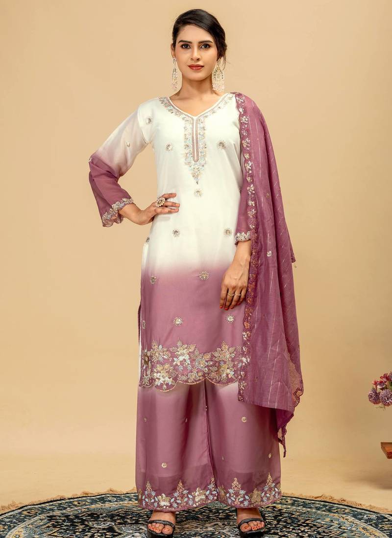 Women's latest wine shaded embroidered palazzo suit