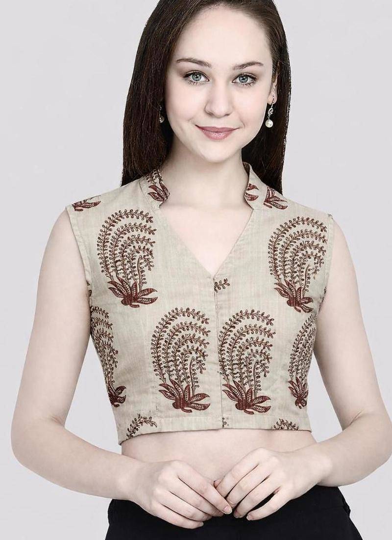White cotton sanganeri printed non padded blouse