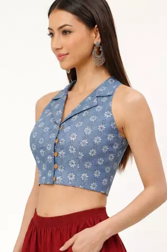 Grey cotton sanganeri printed non padded blouse