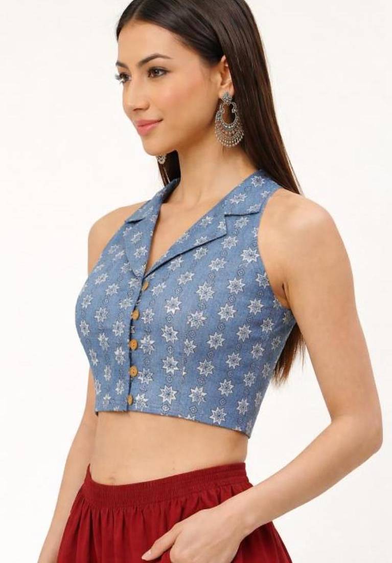 Grey cotton sanganeri printed non padded blouse