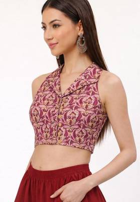 Pink cotton sanganeri printed non padded blouse 3