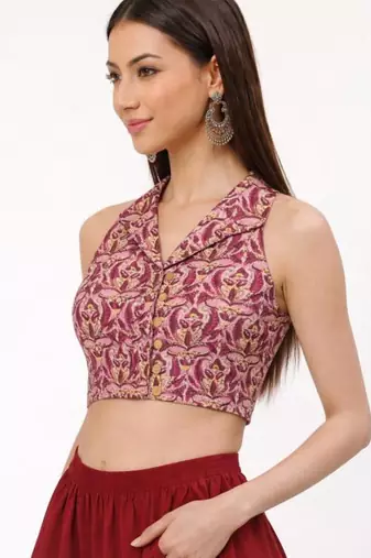 Pink cotton sanganeri printed non padded blouse