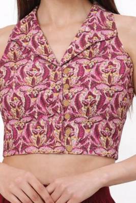 Pink cotton sanganeri printed non padded blouse 4