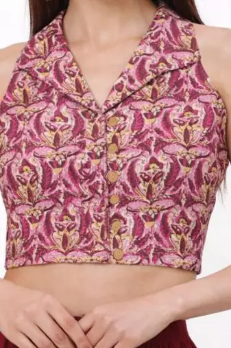 Pink cotton sanganeri printed non padded blouse