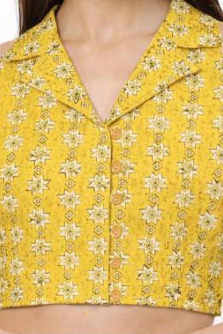 Yellow cotton sanganeri printed non padded blouse
